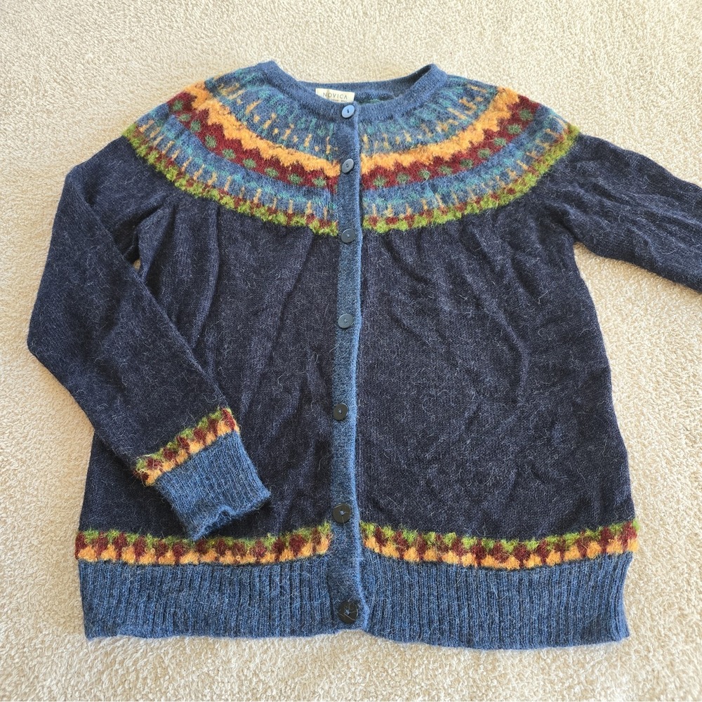 NOVICA 100% Alpaca Wool Nordic Fair Isle Yoke Cardigan "Blue Andean Nordic" XL